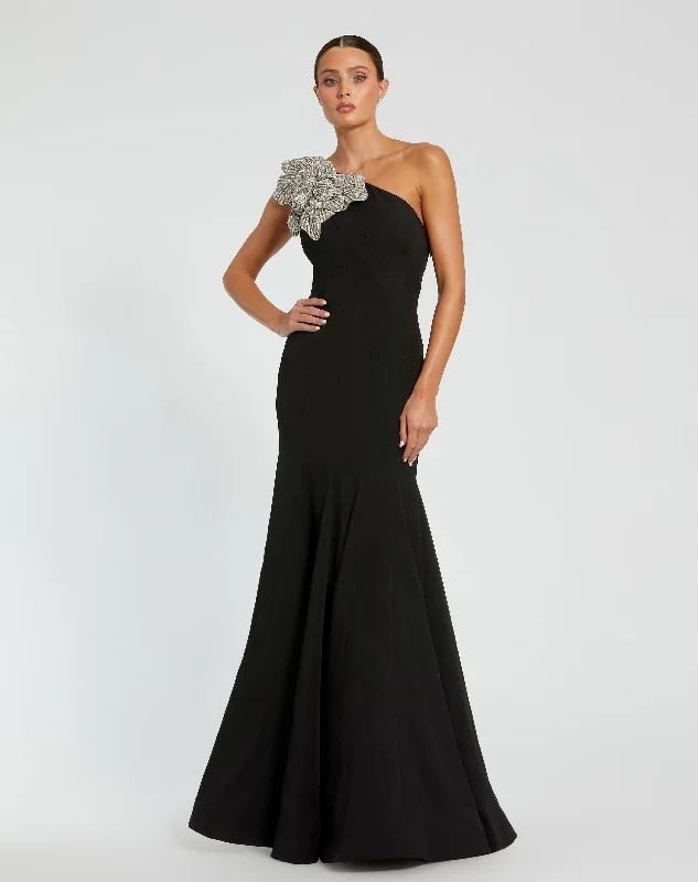 Online Only Black Crepe One Shoulder Gown With Flower