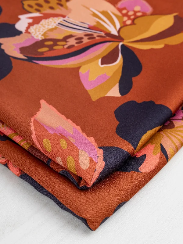 Closeout Large Floral Print EcoVero Challis - Mahogany + Ochre + Lilac