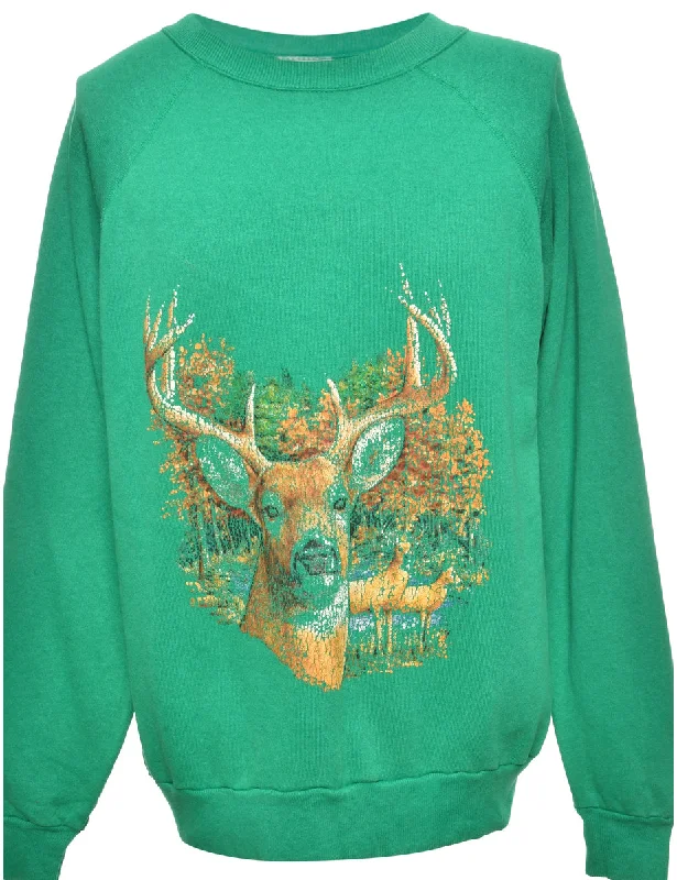 Big Discounts Green Reindeer Print Christmas Sweatshirt - L