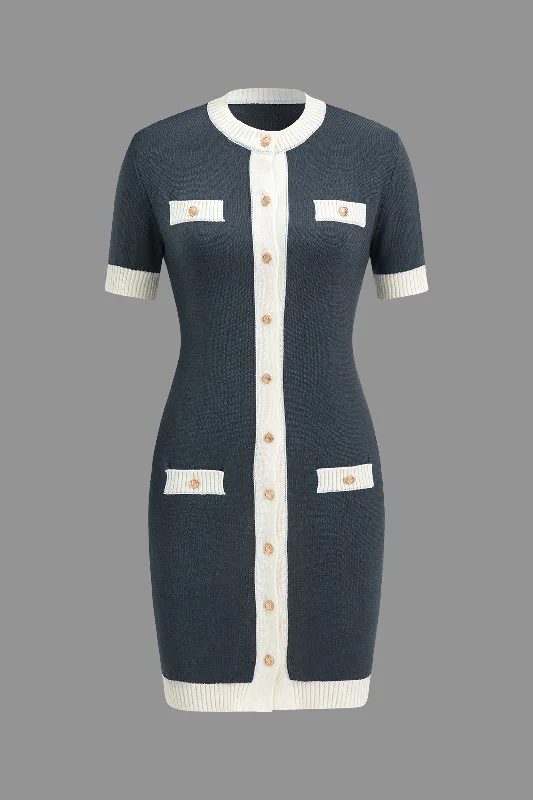 Best Seller Knitted Contrast Short Sleeve Button Dress