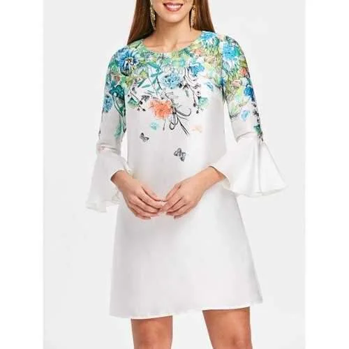 Friends and Family Sale Bell Sleeves Floral Print Dress - White M