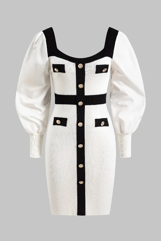Bargain Bin Knit Square Neck Pocket Button Patchwork Long Sleeve Dress
