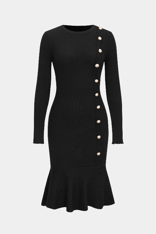 Time-Limited Offer Knit Button Round Neck Long Sleeve Dress