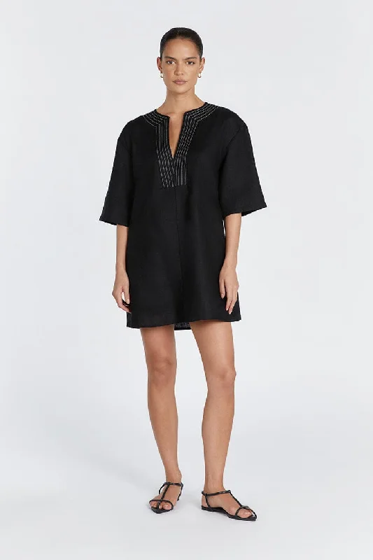 Special Savings NALA BLACK LINEN MINI SMOCK DRESS