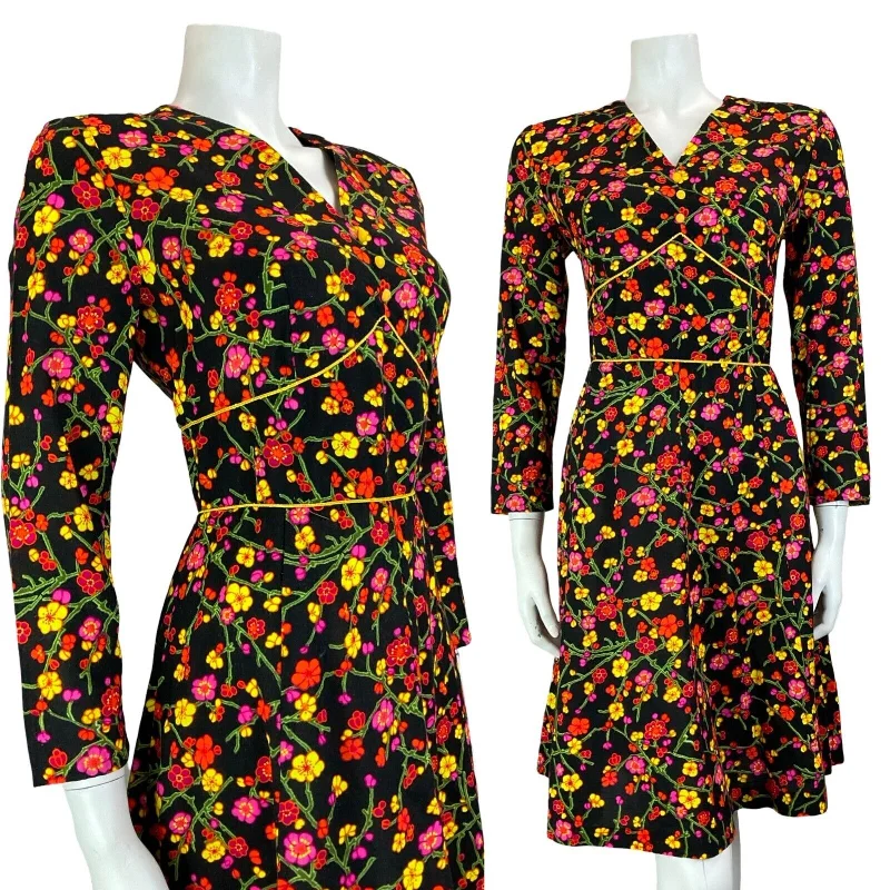 Warehouse Sale VTG 70S PSYCHDELIC CHERRY BLOSSOM BLACK YELLOW PIINK V NECK LONG SLEEVE DRESS 10