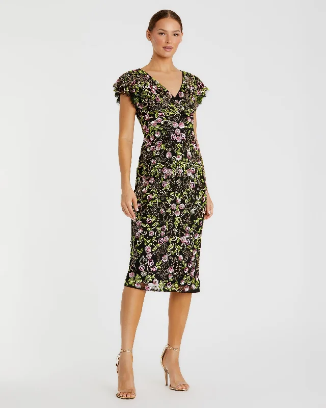 Doorbuster Deal Black Floral Embellished Flutter Cap Sleeve Dress