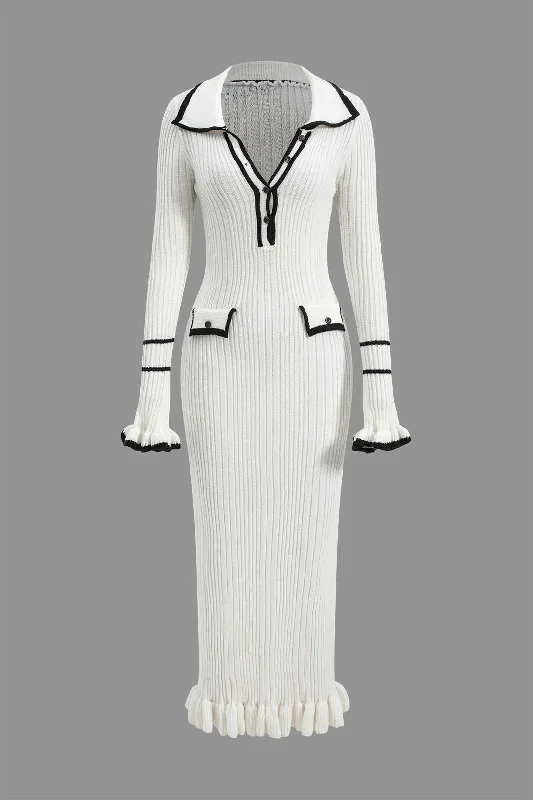Online Exclusive Contrast Bell Sleeve Knit Midi Dress