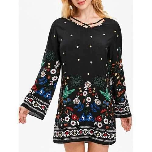 Price Blitz Floral Long Sleeve Casual Dress - Black M