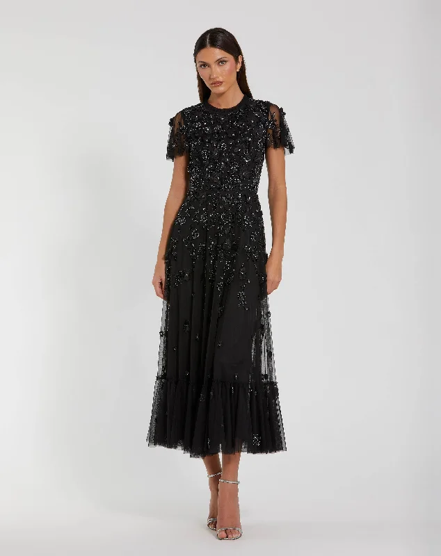 Referral Discount Embellished High Neck Cap Sleeve A Line Dress