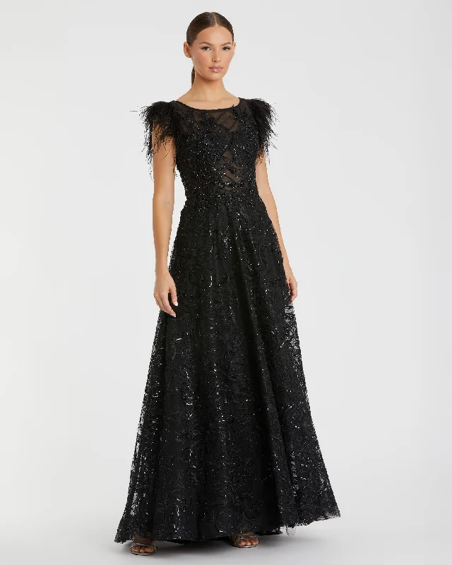 Referral Discount Embellished Feather Cap Sleeve Bateau A Line Gown