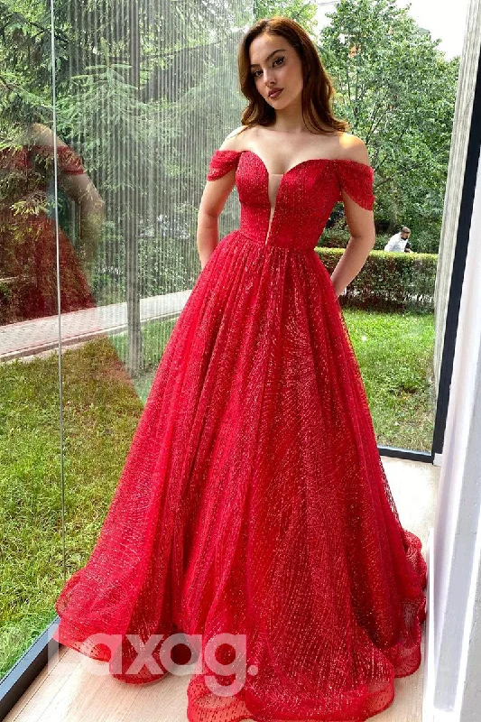 Weekend Deal 17776 - Off Shoulder A-line Red Sparkly Formal Evening Dress