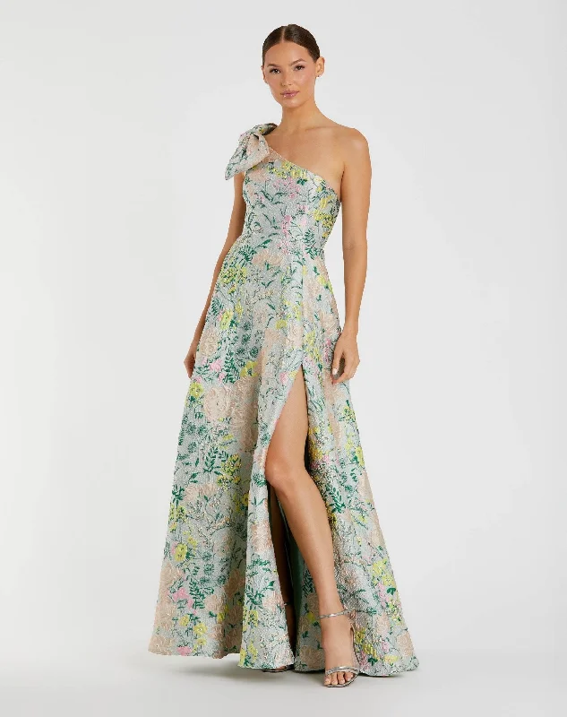 Super Deal One Shoulder Brocade Gown With Bow Detail