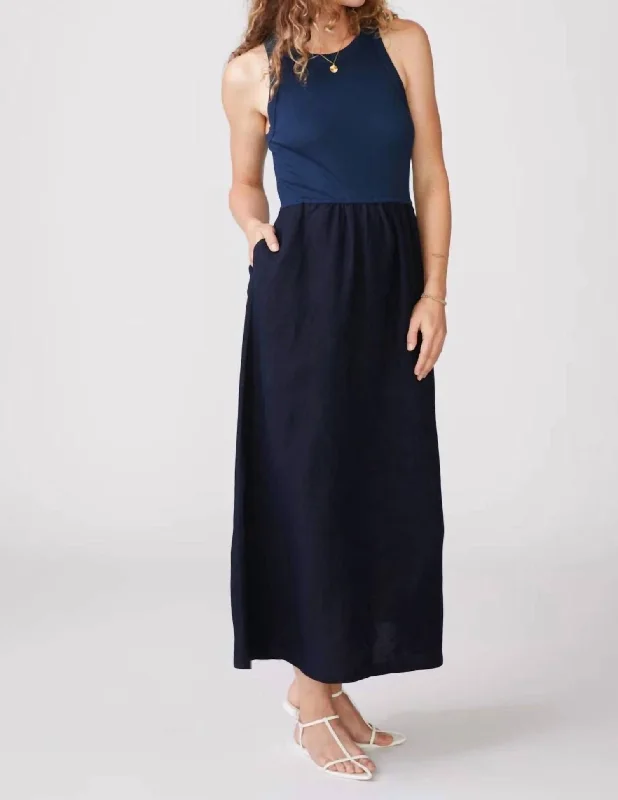Exclusive Offers Linen Mixed Media High Neck Dress In New Navy