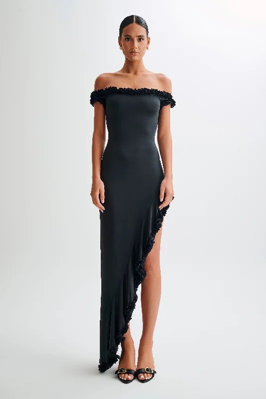 Discount Deals Arielle Off Shoulder Ruffle Midi Dress - Black