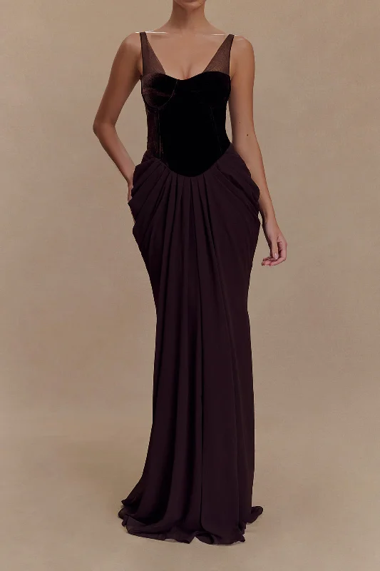 Savings Spectacular Chiffon Velvet Patchwork Ruched V-Neck Sleeveless Maxi Dress