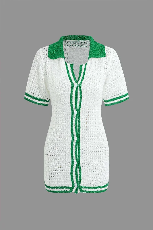 Sale Event Contrast Button Up Short Sleeve Cardigan Hollow Out Knit Mini Dress