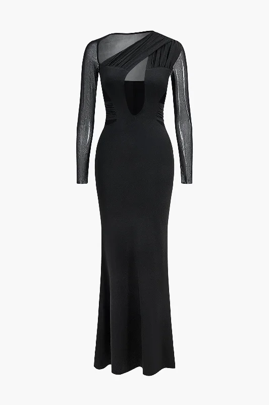 Exclusive Offers Mesh Cut Out Long Sleeve Maxi Dress