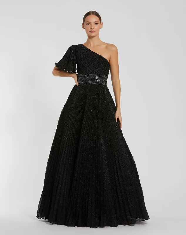 Deep Discounts Pleated Shimmering Georgette One Shoulder Gown
