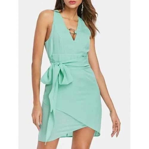 Sale Event Low Cut Sleeveless Chiffon Dress - Aquamarine L