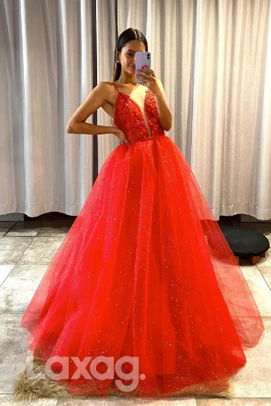Final Clearance 17782 - Plunging V-Neck Lace Applique Long Prom Dress with Detachable Skirt