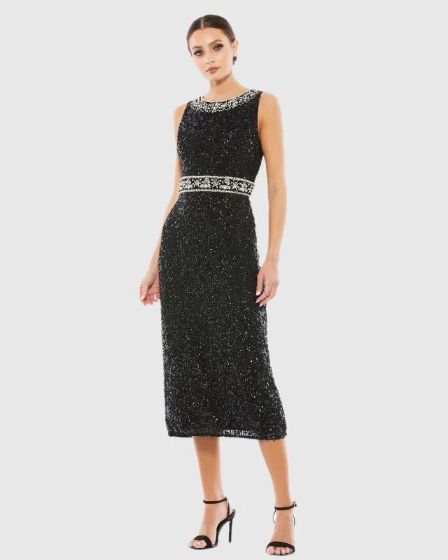Savings Galore Black Embellished Sleeveless High Neck Midi Dress
