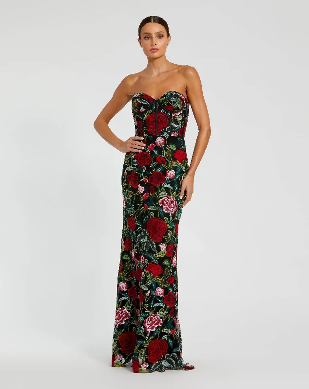 New Markdowns Sheer Bustier Top Floral Applique Gown